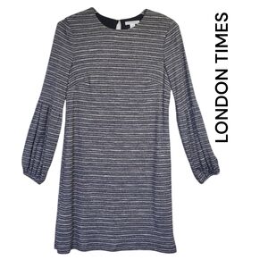 London Times Women's Midi Dress Metallic Stripes Long Sleeves Size 12